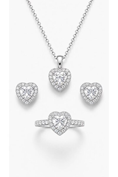 Valmont Crystal Stone Heart Pendant Earrings and Adjustable Ring 3-Piece Jewe...