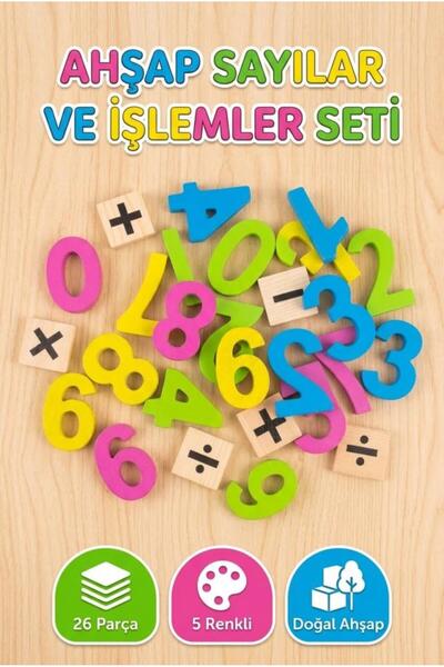 Tıfıl Toys Natural Wood Numbers and Math 4 Operations Set - 26 Pieces 5 Color...