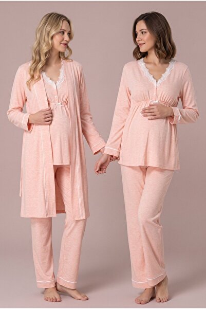LOHOUSE Women's Powder Lace Buttoned Maternity Pajama Set with Dressing Gown ...