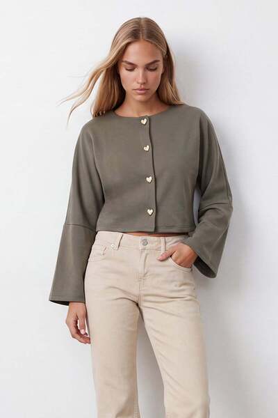 Trend Alaçatı Stili Women's Khaki Crew Neck Gold Heart Button Knitted Cardiga...