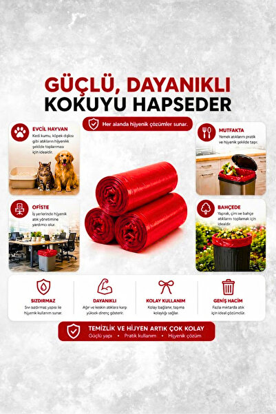 Tasarım Evi Büzgülü Çöp Poşeti Çilek Kokulu 65×70 cm Büyük Boy 5 Rulo Dayanıklı Sızdırmaz Kalın Çöp Torbası