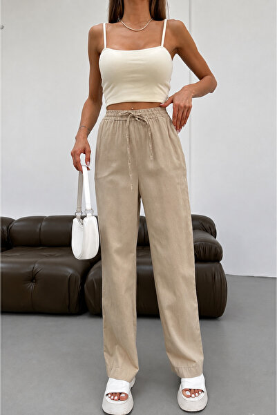 My Blog Beige Elastic Waist Pants - 9032