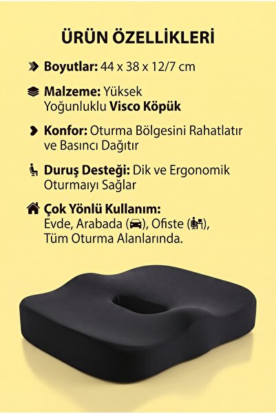 Dear Visco Ortopedik Posture Oturma Minderi Kalça Kuyruk Sokumu ve Dik Duruş Minderi Ofis Oto Koltuk Minderi 44x38x12/7Cm DVM-17S