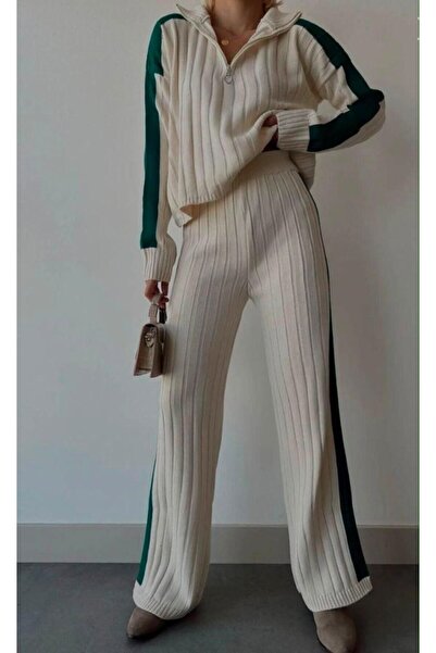AXXAN Women's Knitwear Set with Stripe Details, Palazzo Pants, Zippered Sweat...