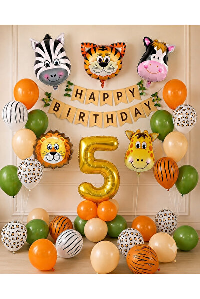 ALYA PARTİ Safari Temalı 5 YAŞ Doğum Günü Balon Seti Gold Rakam Folyo + Happy...