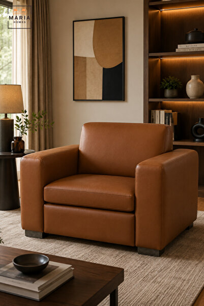 MARIA HOMES Modern Brown Leather Armchair with Wide Padded Armrests, Cushione...