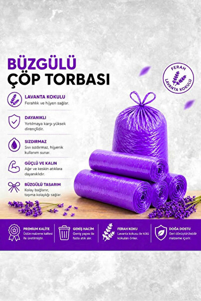 Tasarım Evi Büzgülü Çöp Poşeti Lavanta Kokulu 65×70 cm Büyük Boy 5 Rulo Dayanıklı Sızdırmaz Kalın Çöp Torbası