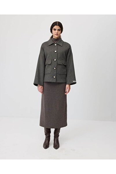 IDA Collection Smoked Patterned Dark Gray Women's Jacket with Gold Button Detail