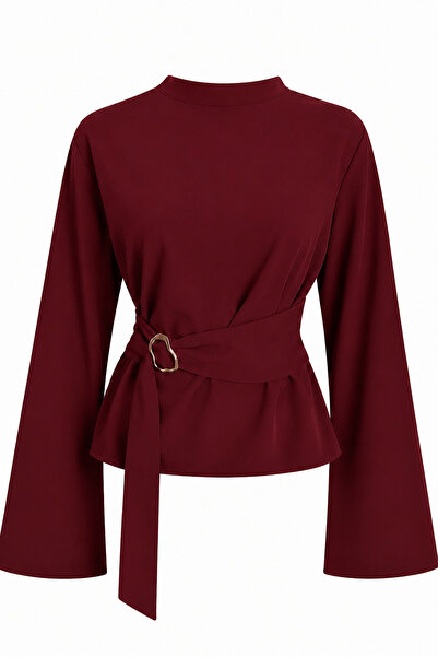 ecemore Half Turtleneck Draped Belt Buckle Wide Sleeve Blouse