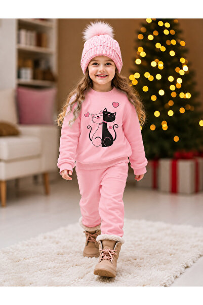 bebekpare Girl's Top and Bottom Printed Set Double Cat 100% Cotton Seasonal