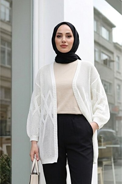 MODAQU Patterned Openwork Casual Cardigan - White