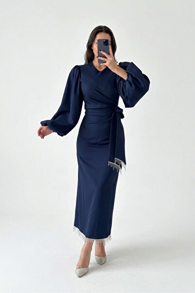 Bislife Fi̇truka Tesettür Dabil Fabric Dress with Fringes and Stone Embroidery