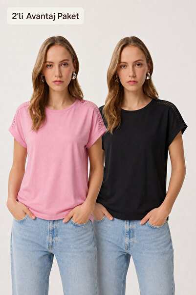Lovelyİstanbul Pack of 2 Viscose T-Shirts with Guipure Detail Lrn0067 Black Pink