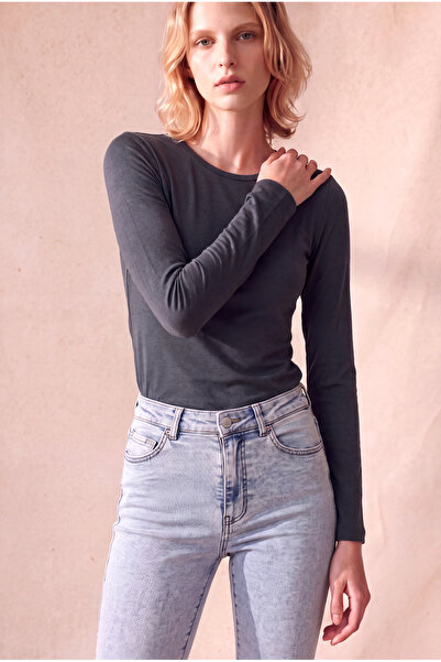 WESTMARK LONDON Women's Cotton Smoke Gray Long Sleeve Crew Neck Blouse Pernille