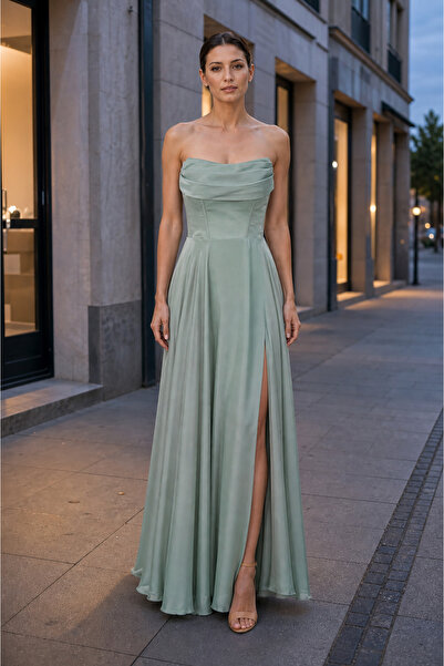 DORİDORCA Women's Strapless Deep Slit Long Evening Dress 8063 Çağla