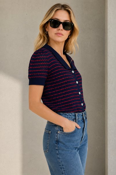 Vireo Club Women's Navy Blue Red Striped Openwork/Hole Knitwear Blouse