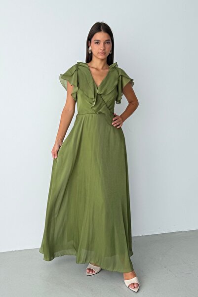 Serica Moda Χακί Φόρεμα με Μανίκια Βολάν, Διπλό Γιακά και Μακρύ Μήκος
