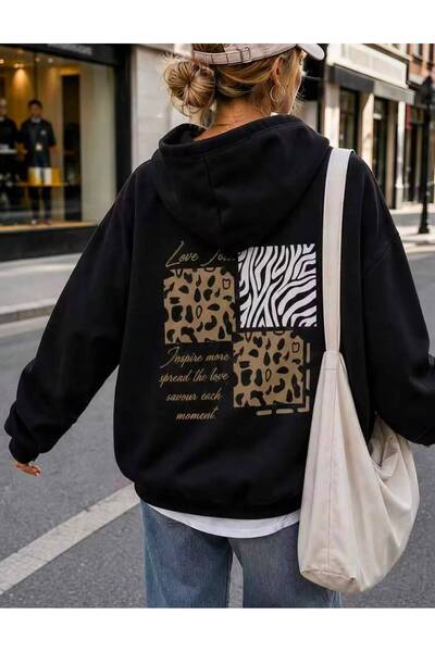 LELVANİ Women's Love Is Moment Back Printed Hooded Sweatshirt
