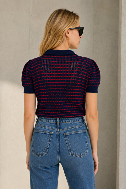 Vireo Club Women's Navy Blue Red Striped Openwork/Hole Knitwear Blouse