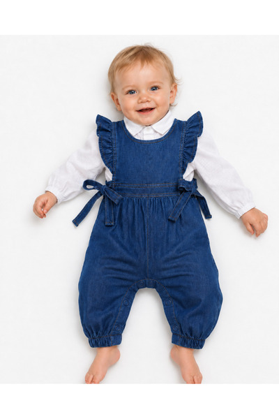 tinytrends Baby Girl Denim Ruffle and Bow Detailed Salopet Jumpsuit with Whit...