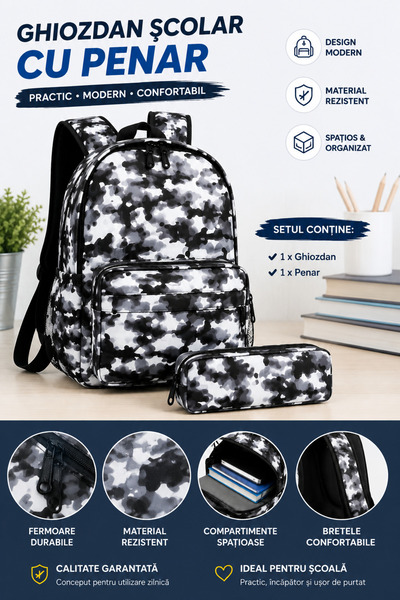 Generic Brand Set Ghiozdan Școlar cu Penar – Camuflaj, -GRI