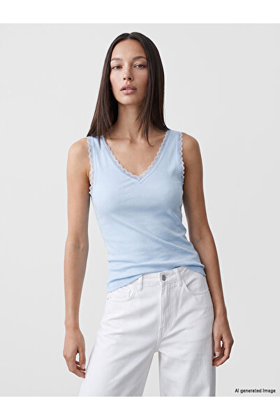 LC Waikiki Ozmarka New Season Blue V-Neck Lace Detailed Blouse