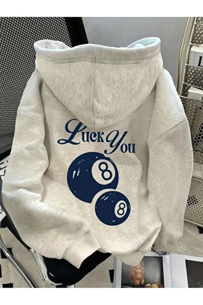 LELVANİ Unisex Blue Luck You 8 Writing Printed Hooded Sweatshirt