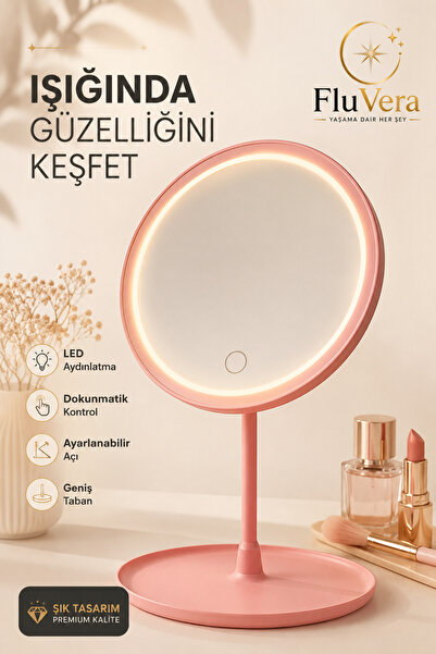 LED Işıklı Makyaj Aynası Masaüstü Dokunmatik Aydınlatmalı Güzellik ve Cilt Bakım Aynası | PEMBE Ayarlanabilir Başlık Geniş Taban USB-C Şarjlı