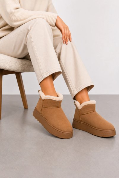 HT HOTİN Cipher Ug Suede Women's Winter Ankle Boots with Fur Inside - Tan