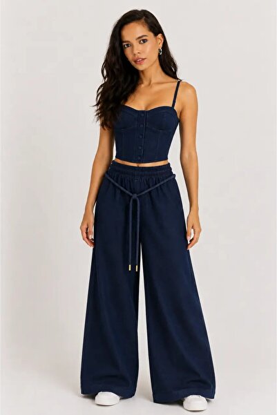 Cool & Sexy Navy Blue Corset & Palazzo Pants Two-Piece Set