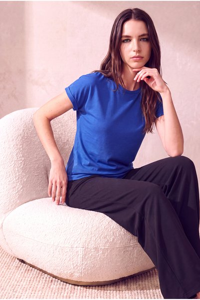 WESTMARK LONDON Kadın Viskon Karışımlı Ultramarin Mavi Katlamalı Kısa Kol Bisiklet Yaka Rahat Kesim T-Shirt SILJE