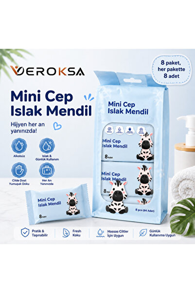 VEROKSA MAVİ Mini Cep Islak Mendil 8 Paket 64 Adet – Taşınabilir Cep Boy, Alk...