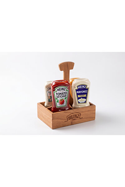 Heinz 4 Bölmeli Ahşap Sosluk Seti Ketçap 375g Mayonez 330g Ranch 225g Cheddar...