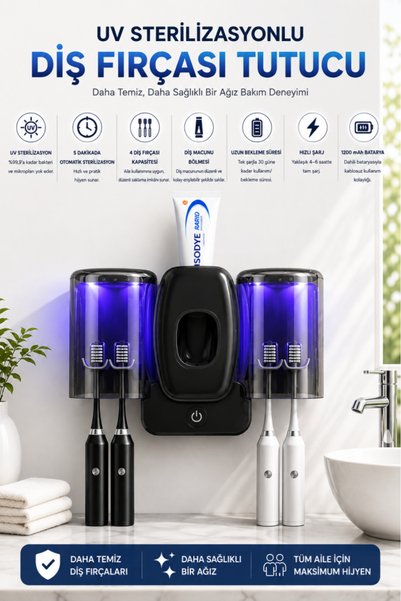 coofbe UV Sterilizasyonlu Diş Fırçası Tutucu, Otomatik Diş Macunu Dispenseri, 4 Fırça Kapasiteli, 1200mAh Ş