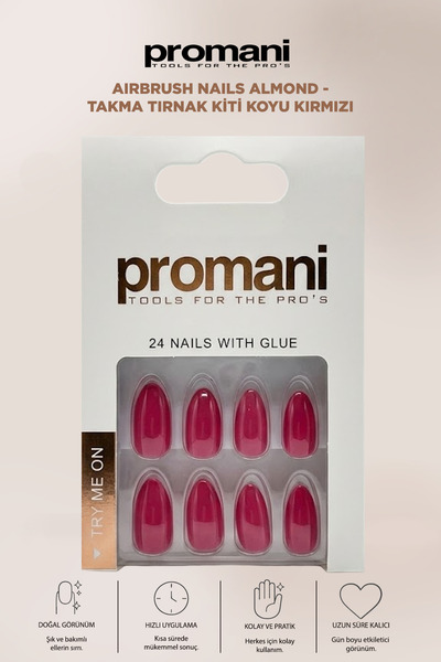 Promani Airbrush Nails Almond - Takma Tırnak Kiti Koyu Kırmızı