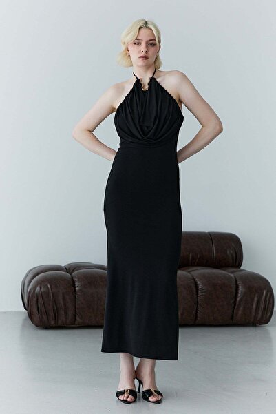 Serica Moda Black Degaje Collar Long Dress with Gold Accessory Detail
