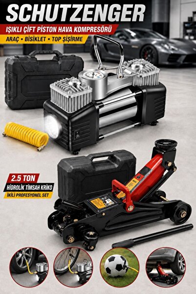 SCHUTZENGER 2.5 TON HİDROLİK ARAÇ KALDIRMA KRİKO VE ÇİFT PİSTON HAVA KOMPRESÖ...