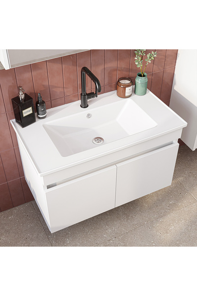 ROOMART '' Lavabolu '' Mat Mdf 80 Cm Banyo Alt Dolabı + Aynalı Üst Dolabı , Banyo Dolabı Takımı