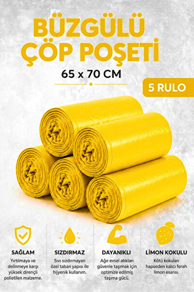 Tasarım Evi Büzgülü Çöp Poşeti Limon Kokulu 65×70 cm Büyük Boy 5 Rulo Dayanıklı Sızdırmaz Kalın Çöp Torbası
