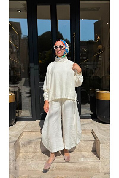 QOOQ STORE 26SS250 Sasha Keten Kadın Takım Beyaz