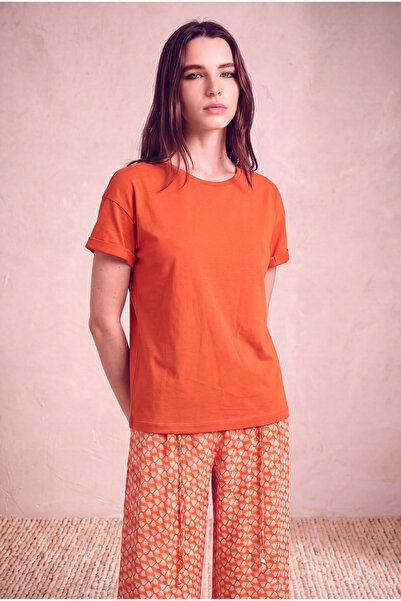 WESTMARK LONDON Women's Modal / Cotton Orange Folded Short Sleeve Detailed Lo...