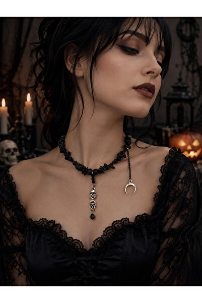 Yağmur kadın Halloween cadılar bayramı kuru kafalı kolye gotik rock tarz siya...