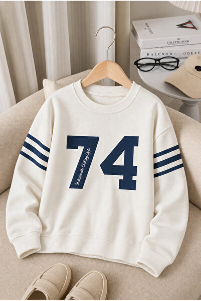 zepkids Children's Ecru Printed Sweatshirt with Navy Blue Stripes on the Slee...