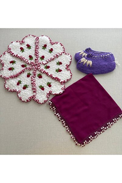 EBRU YAZMA Dowery Gift Set 3 Pieces Hand Knitted 1 Piece Needle-Embroidered W...