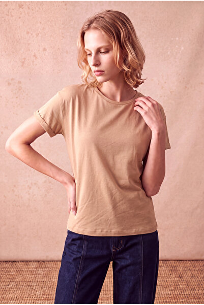 WESTMARK LONDON Women's Modal / Cotton Sand Beige Folded Short Sleeve Detaile...