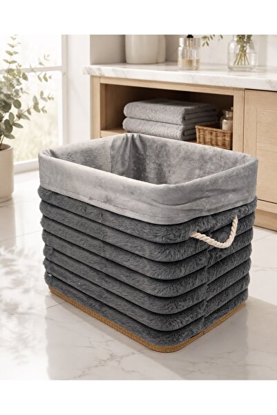 Onedekor Bambu Peluş Kaplama Çamaşır Sepeti Organizer - Antrasit