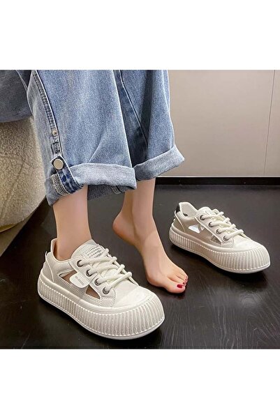dorbe Women's White Mesh Chunky Lace-Up Sneakers