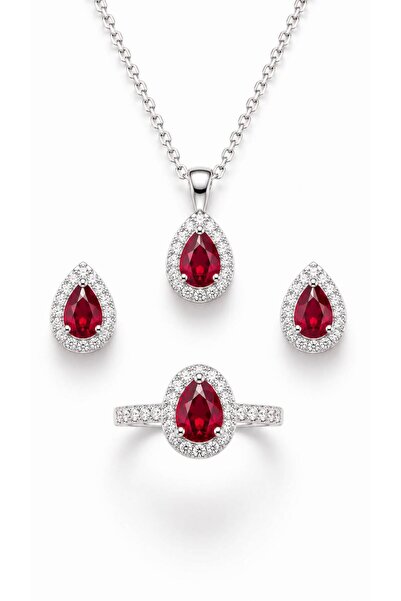 Valmont Ruby Red Crystal Stone Drop Necklace Earrings and Adjustable Ring 3 P...