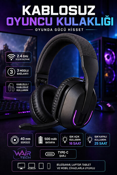 Wair Teknoloji Kablosuz Oyuncu Kulaklığı 2.4GHz Bluetooth 5.4 40mm Sürücü Mik...