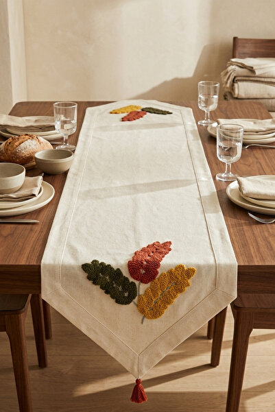 Dokuvia Autumn Leaf Punch Nakışlı Runner 40x130 cm Pamuk Panama Keten